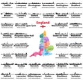 England cities skylines icons with names of city, region and ceremonial county. Flag and map of England