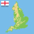 England. Detailed physical map of England colored according to elevation, with rivers, lakes, mountains. Vector map with national Royalty Free Stock Photo