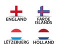 England, Faroe Islands, Luxembourg and Netherlands. Set of four English, Faroe Islands, Luxembourgish and Dutch stickers Royalty Free Stock Photo