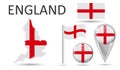 ENGLAND. Flag, map pointer, button, waving flag, symbol, flat icon and map in the colors of the national flag. Vector illustration Royalty Free Stock Photo