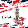 England, handwritten lettering, acrylic drawing, Big Ben, england flag, Paint splatter Royalty Free Stock Photo