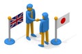 British and Japanese trade relations. British and Japanese flags. A businessman`s handshake. Form a friendly relationship
