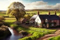 England landscape with beautiful houses ahd meadow. Generative AI Art. Beautiful view