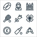 England line icons. linear set. quality vector line set such as detective hat, cricket, pound, clover, tennis racket, cathedral,