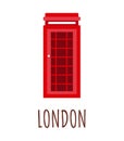 England, London red phone booth vector illustration with lettering London. Image of phone box. Isolated on white background. Royalty Free Stock Photo