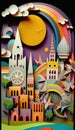 England, paper art collage, vibrant layered colored paper, travel illustration, AI generative