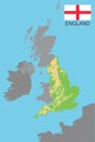 England. England is part of the UK bordered by Ireland and France. Detailed physical map of country colored according to Royalty Free Stock Photo