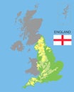 England is part of the UK. Bordered by northern ireland, Wales and Scotland. Detailed physical map of country colored according to Royalty Free Stock Photo