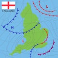 England. Realistic synoptic map of the England showing isobars and weather fronts. Meteorological forecast. Map country