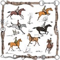 Equestrian sport fox hunting with horse riders english style on landscape.