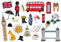 England symbols set. England and London tourist landmarks, national symbols and food illustration.