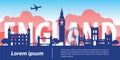 England top famous landmark silhouette style,England text within,travel and tourism