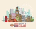 England travel vector illustration with crown. Vacation in United Kingdom. Great Britain background. Journey to the UK.