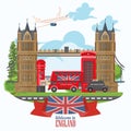England travel vector illustration with London bridge. Vacation in United Kingdom. Great Britain background. Journey to the UK. Royalty Free Stock Photo
