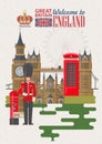 England travel vector illustration with UK flag. Vacation in United Kingdom. Great Britain background. Journey to the UK. Royalty Free Stock Photo