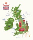 England travel vector illustration with UK map. Vacation in United Kingdom. Great Britain background. Journey to the UK. Royalty Free Stock Photo