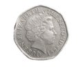 England twenty pence coin on a white isolated background