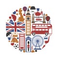 England UK travel sightseeing icons and vector landmarks poster