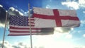 England and United States flag on flagpole. England and USA waving flag in wind. England and United States diplomatic concept. 3d Royalty Free Stock Photo