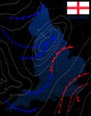 England. Weather map of the ENGLAND. Meteorological forecast on a dark background. Editable vector illustration of a generic