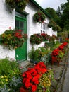 England: white cottage with flower planters Royalty Free Stock Photo