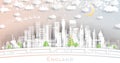 England. Winter City Skyline in Paper Cut Style with Snowflakes, Moon and Neon Garland. Christmas, New Year Concept. Cityscape