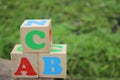 English ABC letters on wooden toy blocks outdoors on a green grass background Royalty Free Stock Photo