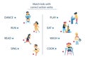 English actions. Exercise for memorizing verbs, connect kids and correct verbs. Vector flat illustration of characters. Royalty Free Stock Photo