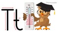 English alphabet abc letter for preschool. Owl teacher shows thermometer