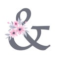 English alphabet. Ampersand. Monogram with watercolor floral design - pink flowers, grey leaves. Isolated on white