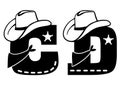 English alphabet black silhouette. Vector illustration of letter C and D with western decoration Cowboy hat and sheriff star Royalty Free Stock Photo