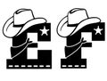 English alphabet black silhouette. Vector illustration of letter E and F with western decoration Cowboy hat and sheriff star Royalty Free Stock Photo