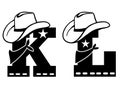 English alphabet black silhouette. Vector illustration of letter K and L with western decoration Cowboy hat and sheriff star