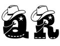 English alphabet black silhouette. Vector illustration of letter Q and R with western decoration Cowboy hat and sheriff star Royalty Free Stock Photo