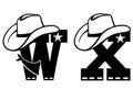 English alphabet black silhouette. Vector illustration of letter W and X with western decoration Cowboy hat and sheriff star Royalty Free Stock Photo