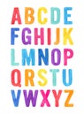 English alphabet in bright rainbow colors: red, orange, yellow, teal, light blue, navy, purple and pink.