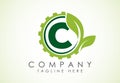 English alphabet C with gear and leaf. Eco technology logo, Green eco tech logo template design vector. Nature Industry Royalty Free Stock Photo