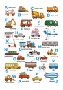 English Alphabet car transport. ABC print. Cartoon