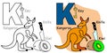 English alphabet coloring book page for children. Letter K is for Kangaroo, Kiwi, Knife, Key.