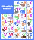 English alphabet with cute animals vector illustrations set. Alphabet cards for kids. Educational preschool learning ABC card. Royalty Free Stock Photo