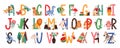 English alphabet with cute animals vector illustrations set. Isolated capital letters with related Scandinavian style