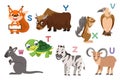 English alphabet with flat cute animals for kids education Royalty Free Stock Photo