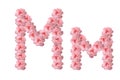 English alphabet from flowers of pink roses, letter M