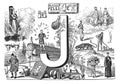 English alphabet J with mixed illustrations animals and decoration hand drawn ABC / Antique illustration from Petit Larousse 1914