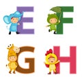 English alphabet with kids in animal costume, E to H letters