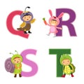 English alphabet with kids in animal costume, Q to T letters