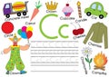 English alphabet. Letter C. Card with pictures and writing practice for preschool children Royalty Free Stock Photo