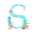 English alphabet Letter S Monogram with watercolor marine design - seahorse seaweed coral starfish. Isolated on white