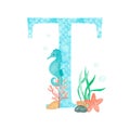 English alphabet Letter T Monogram with watercolor marine design - seahorse seaweed coral starfish. Isolated on white
