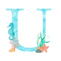 English alphabet Letter U Monogram with watercolor marine design - seahorse seaweed coral starfish. Isolated on white